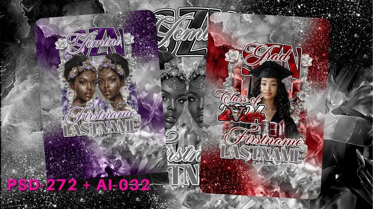 PSD-272: AI-032 Zodiac Birthday Graduation Jewels Geode Crystals | Photoshop Template 272
