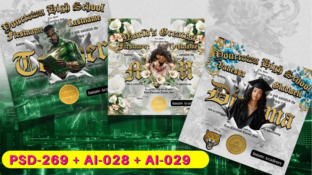 PSD-269: Diploma Certificate Graduation Mothers Day Fathers Day Teacher Appreciation Superhero Template| Photoshop Template 269