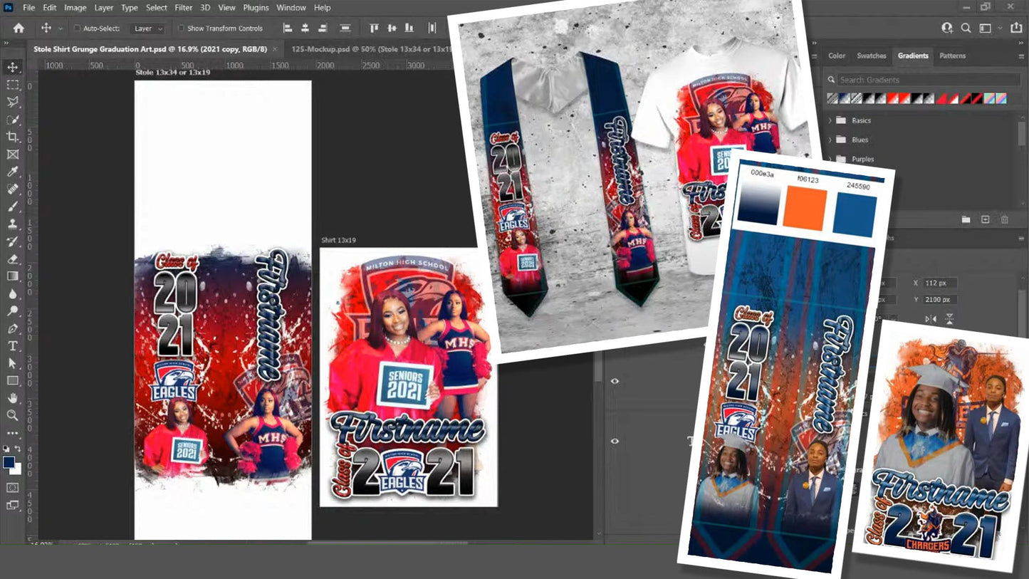 PSD-125-3D MASTER Graduation Stole Shirt Grunge Photoshop Template Mockup All-Over Sublimation Photoshop Template