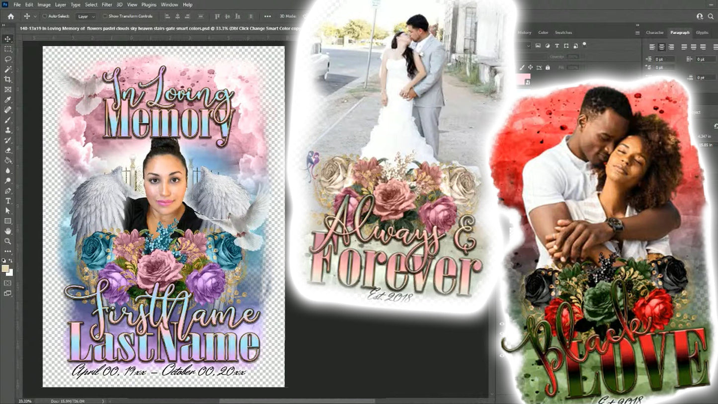 PSD-140 In Loving Memory Wedding Love Remembrance flowers clouds sky heaven stairs-gate smart colors All-Over Sublimation Photoshop Template