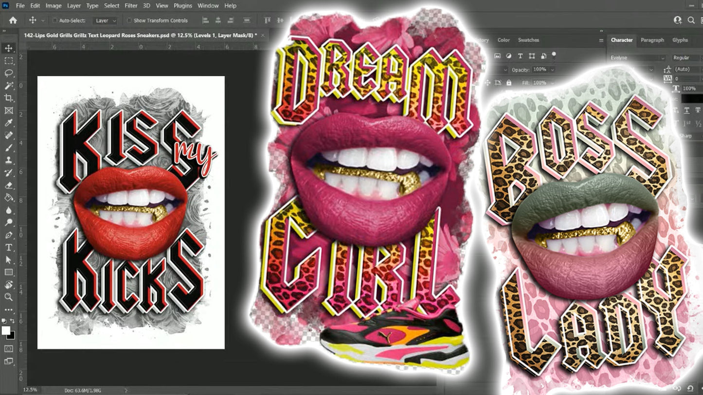 PSD-142-Lips Gold Grills Grillz Text Leopard Roses Sneakers All-Over Sublimation Photoshop Template