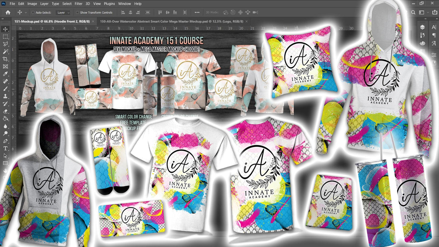 PSD-151 Hoodie-All-Over Watercolor Abstract Smart Color Mega Master Mockup All-Over Sublimation Photoshop Template