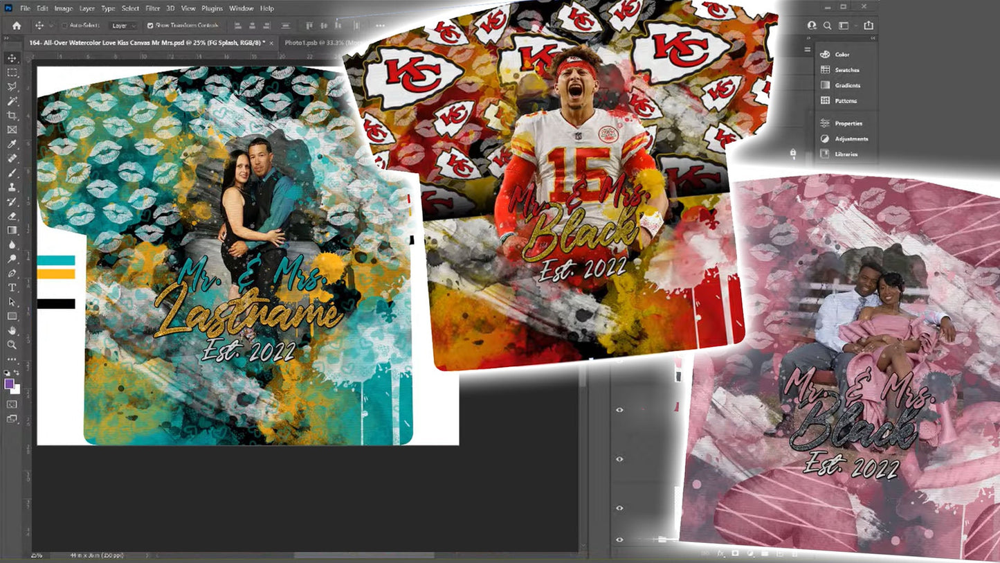PSD-164 All-Over Watercolor Love Kiss Canvas Mr Mrs All-Over Sublimation Photoshop Template