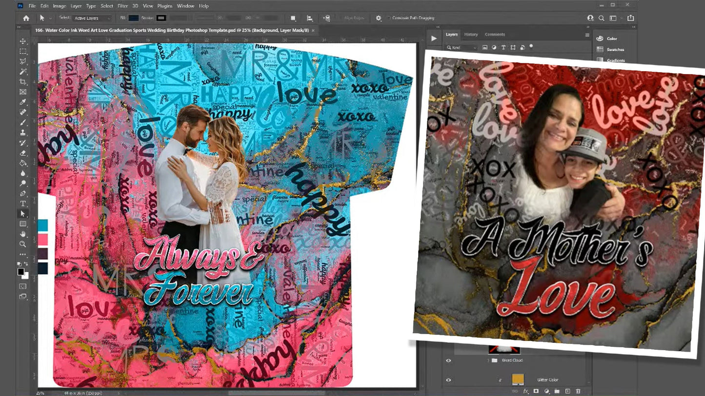 PSD-166 Water Color Ink Word Art Love Graduation Sports Wedding Birthday Photoshop Template-2 All-Over Sublimation Photoshop Template