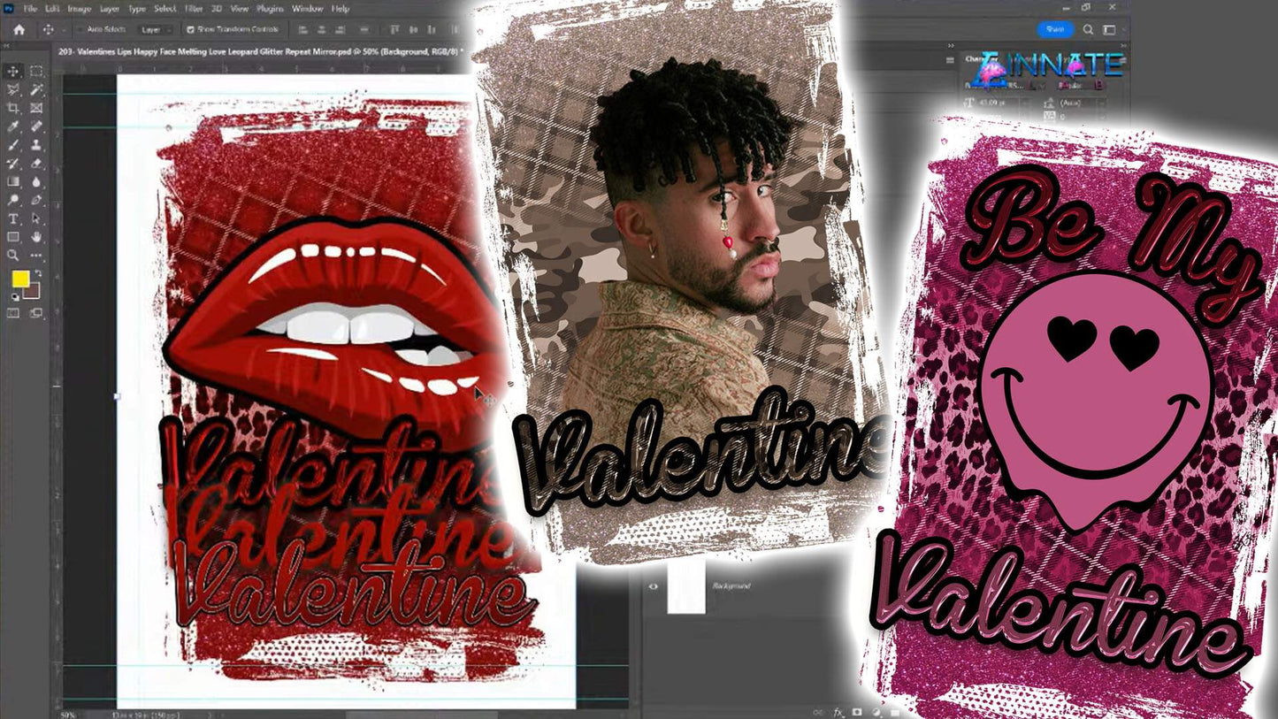 PSD-203 Valentines Lips Happy Face Melting Love Leopard Glitter All-Over Sublimation Photoshop Template