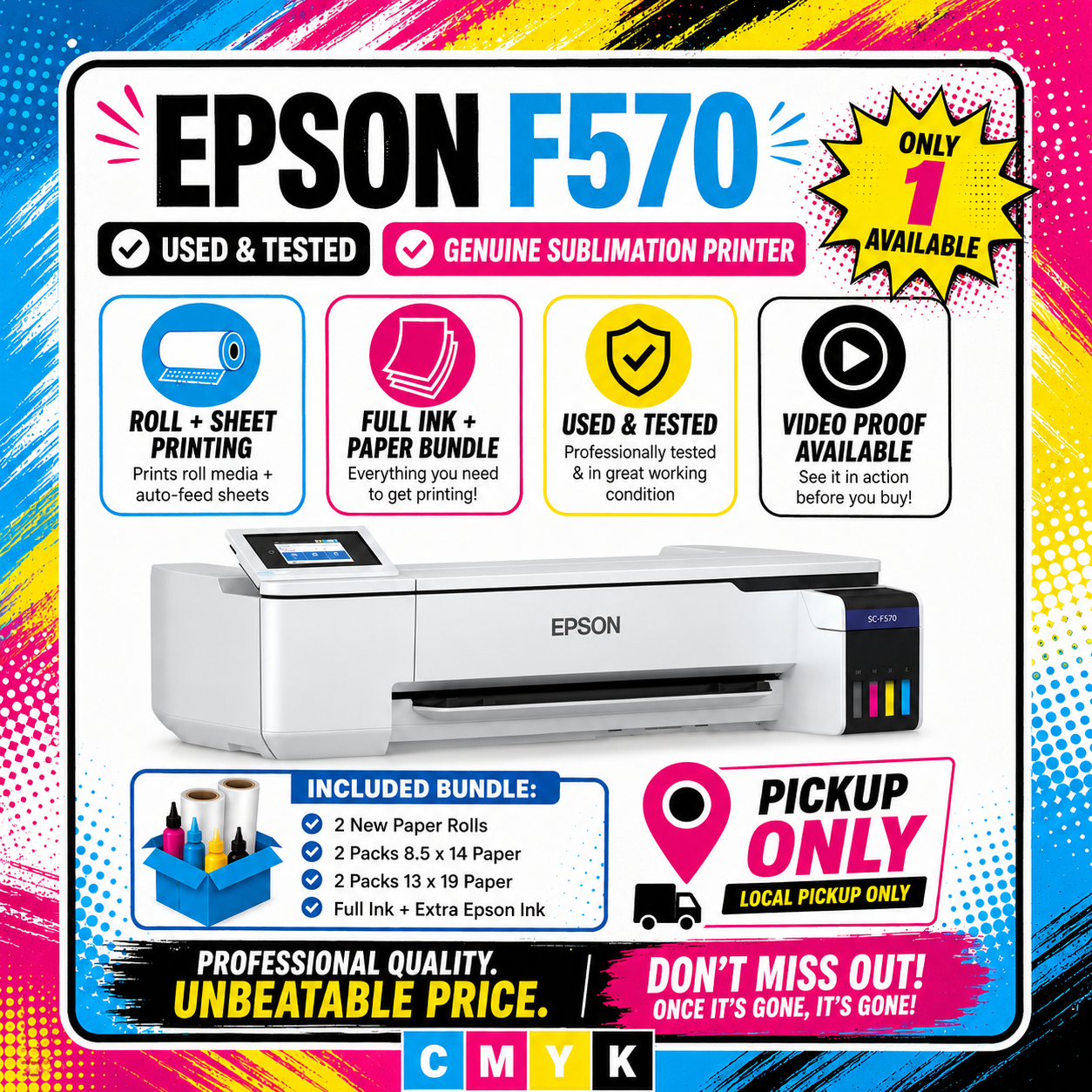 Epson SureColor F570 24-Inch Sublimation Printer Bundle – Used, Tested & Ready to Produce
