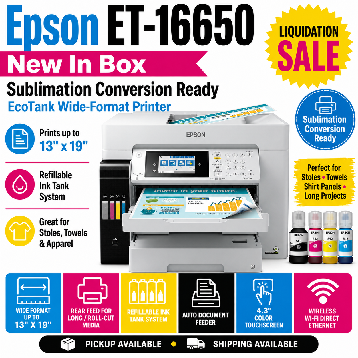 Epson EcoTank Pro ET-16650 New in Box – Sublimation Conversion Ready Wide-Format Printer for Stoles, Towels & Long/Roll Media