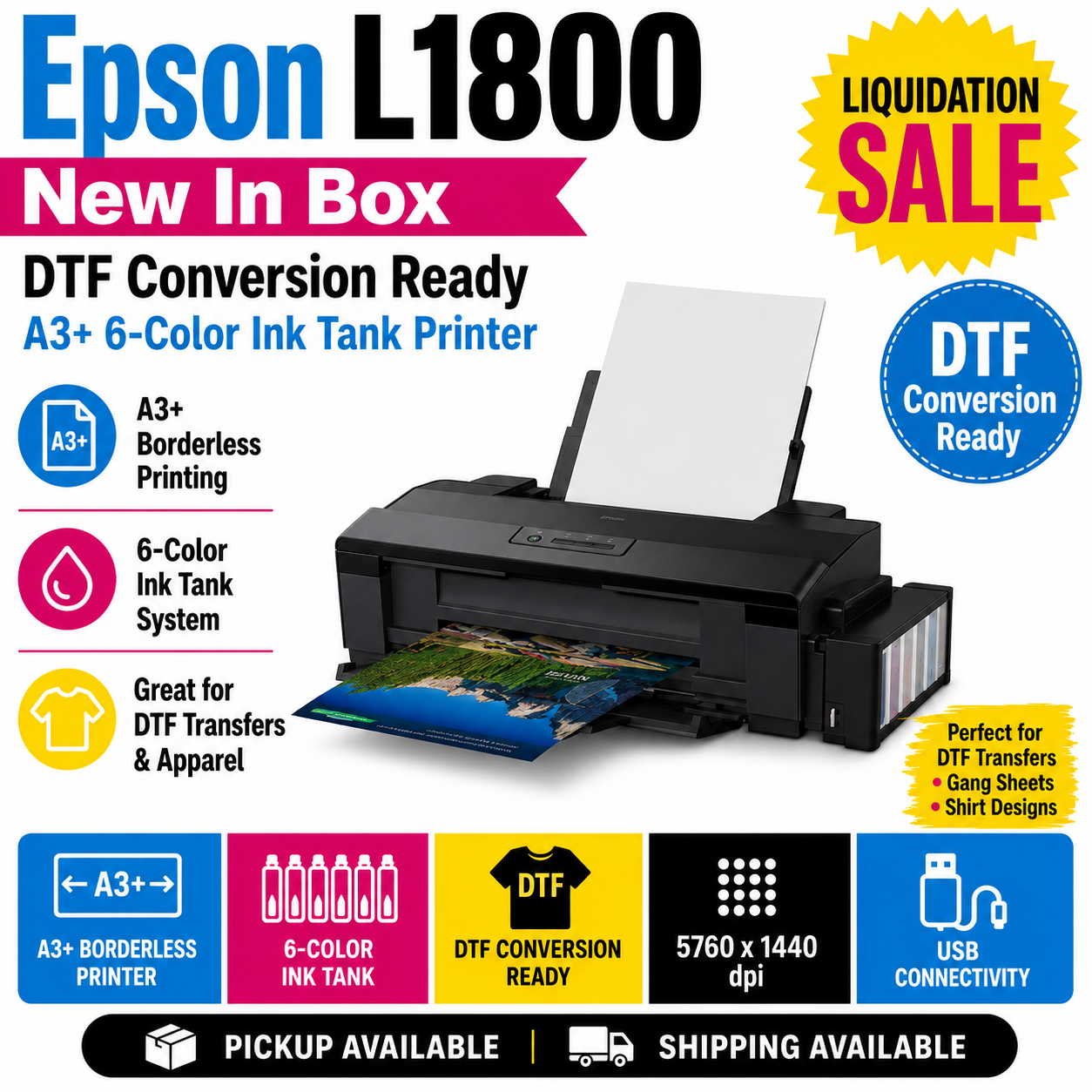 Epson L1800 New in Box – DTF Conversion Ready A3+ 6-Color Ink Tank Printer