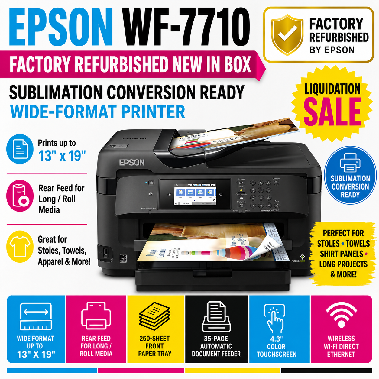 Epson WF-7710 Factory Refurbished New in Box – Sublimation Conversion Ready Wide-Format Printer for Stoles, Towels & Long/Roll Media