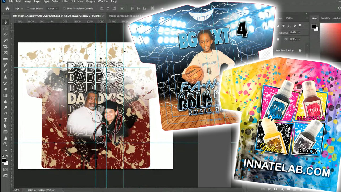 PSD-101 Design All-Over Sublimation Shirts from Scratch Splash Brushes Fonts Pictures Photos Photoshop