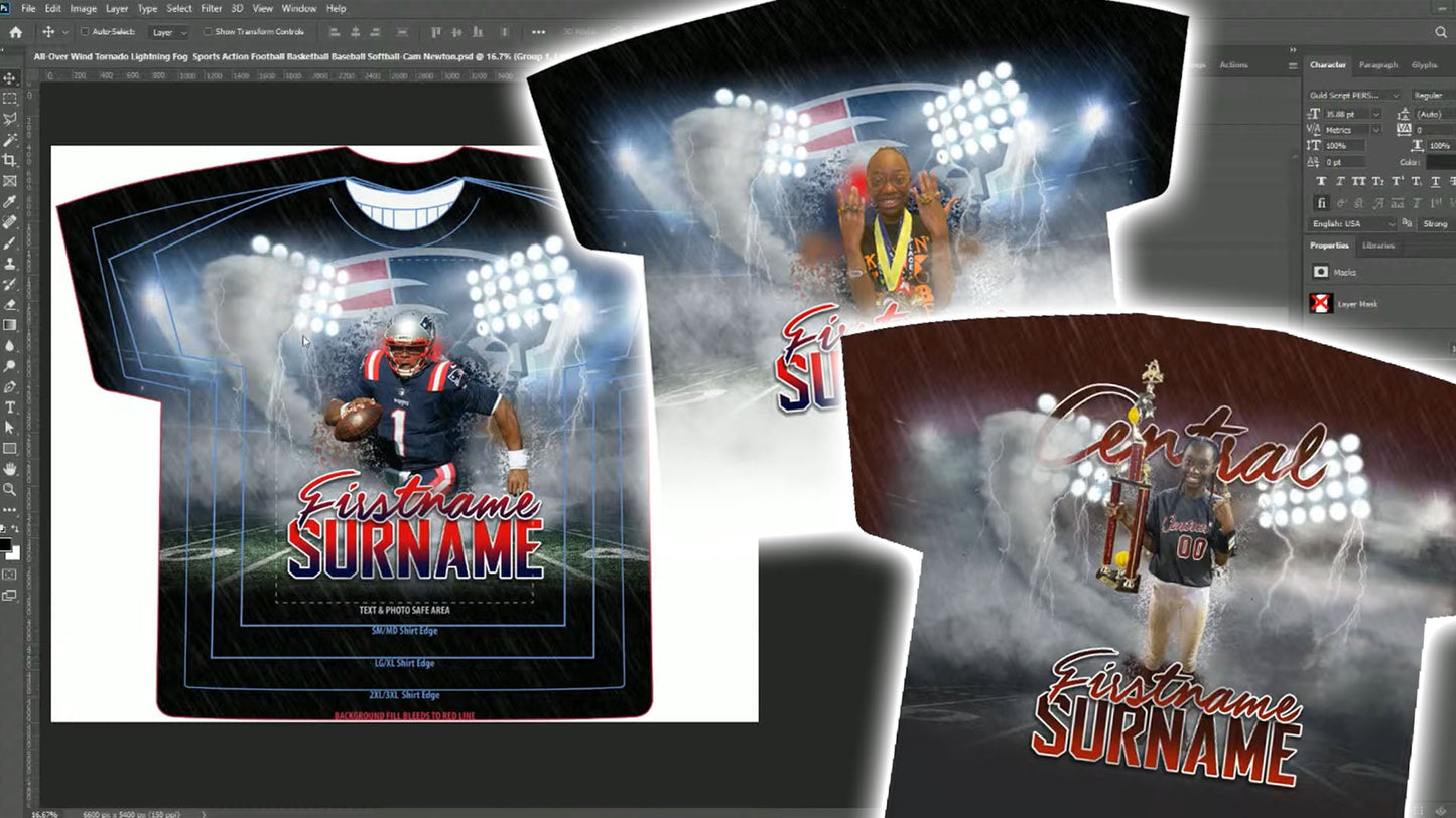 PSD-115 Elements Series- All-Over Sublimation Wind Tornado Lightning Fog Sports Action Football Basketball Baseball Softball-Cam Newton Photoshop Template