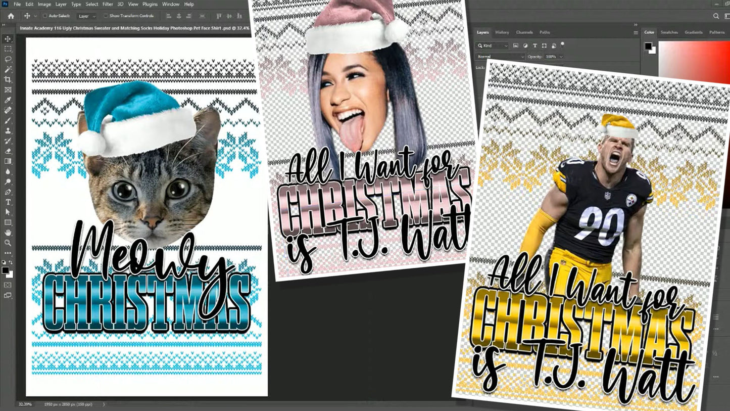 PSD-116 Ugly Christmas Sweater and Matching Socks Holiday Photoshop Pet Face Shirt All-Over Sublimation Photoshop Template