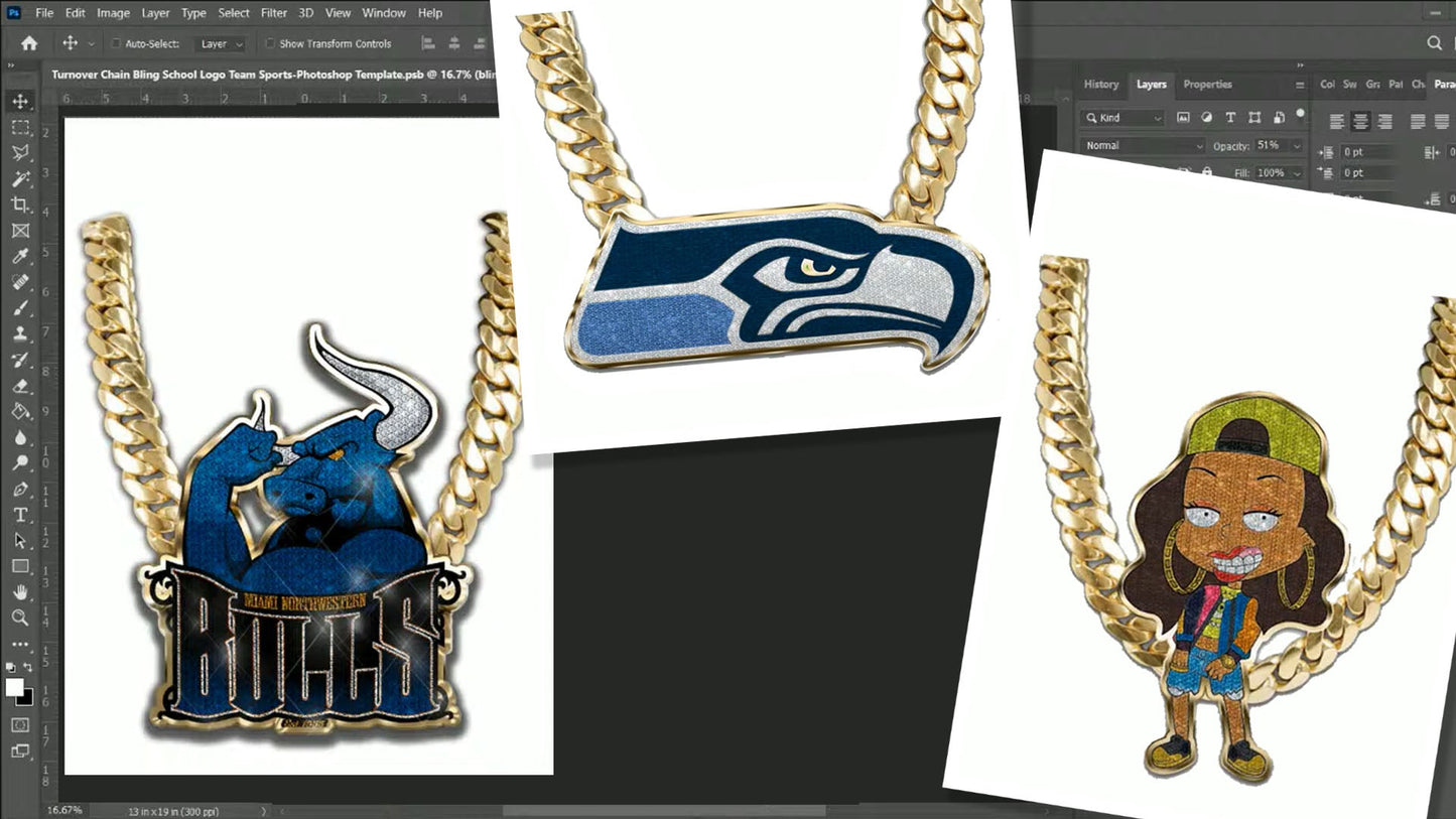 PSD-119 Turnover Chain Bling School Logo Team Sports All-Over Sublimation Photoshop Template