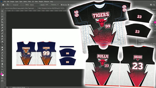 PSD-133 Cut-Sew All-Over Sublimation Sports Jersey Mascot Logo graphic Sides Tigers Photoshop Template