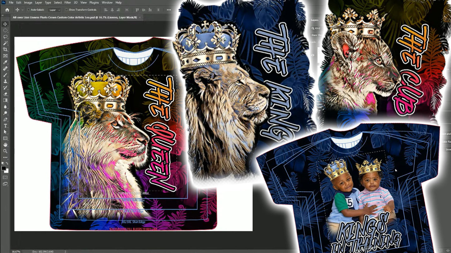 PSD-138 All-over Sublimation Lion Lioness Leo Photo Crown Custom Smart Colors Photoshop Template