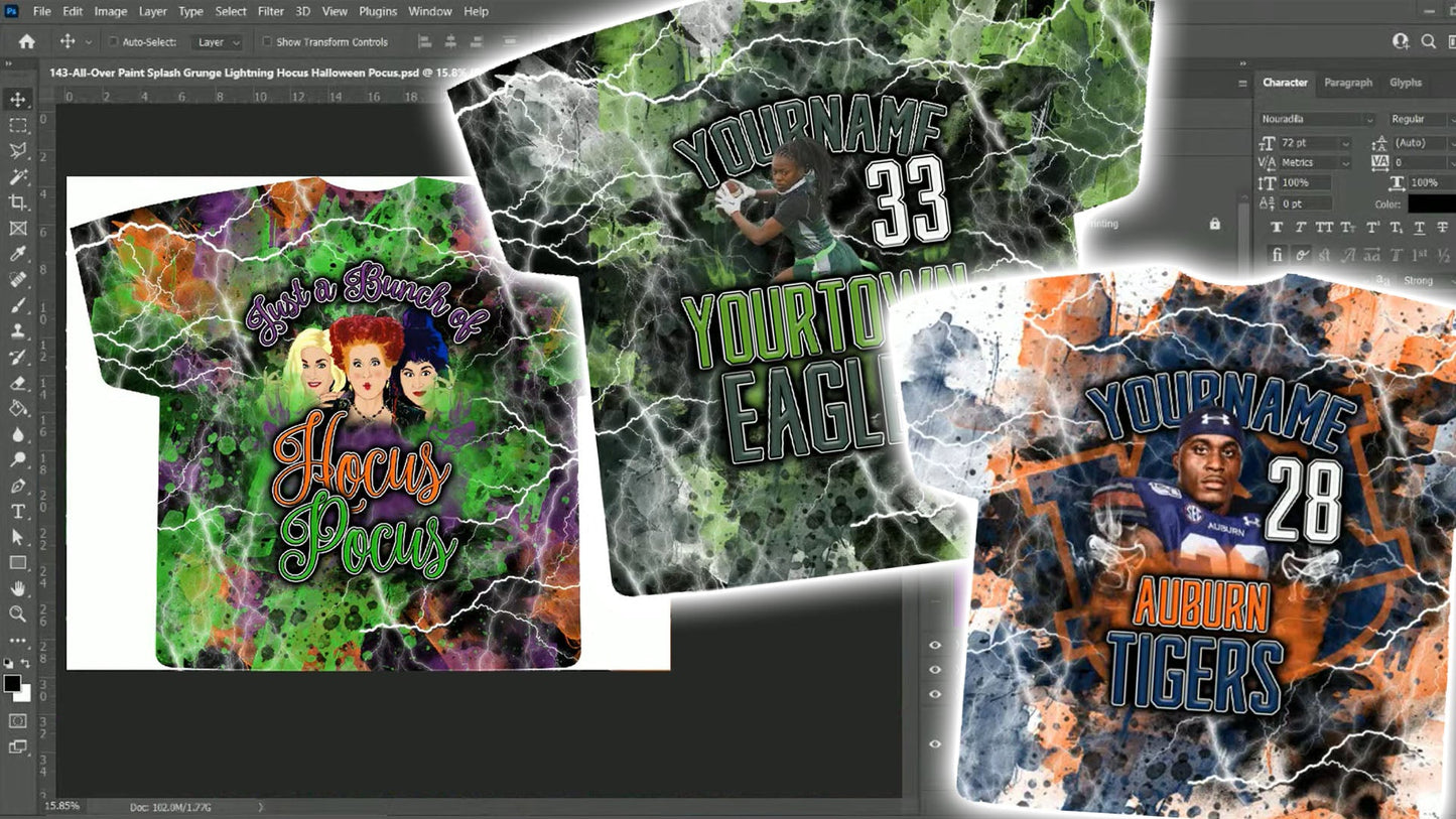 PSD-143 All-Over Paint Splash Grunge Lightning Sports Football Hocus Halloween Pocus All-Over Sublimation Photoshop Template
