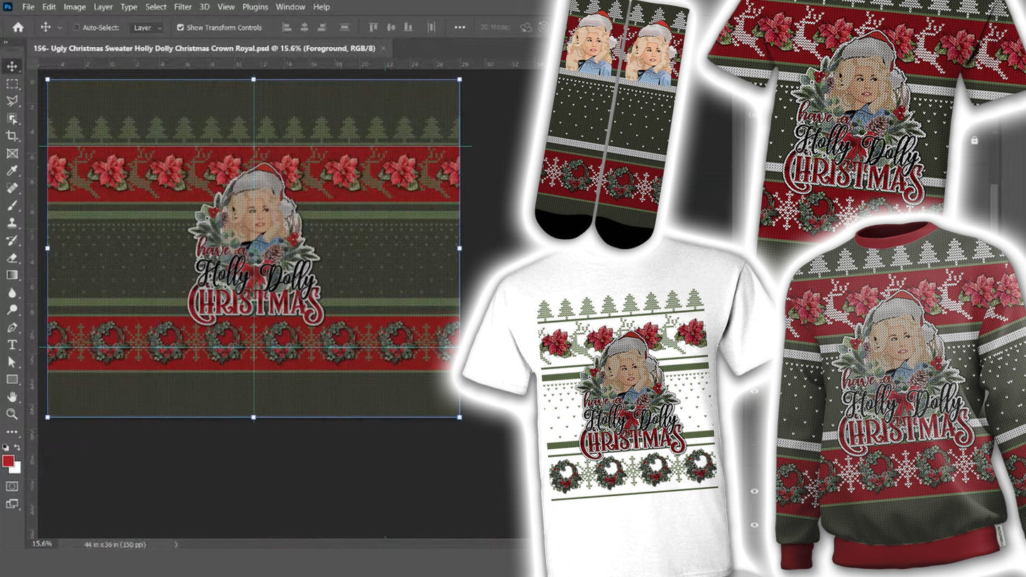 PSD-156 Ugly Christmas Sweater Holly Dolly Christmas Crown Royal All-Over Sublimation Photoshop Template