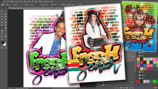 PSD-158 Airbrush Fresh Prince Senior King Queen Crown Bricks Bling Flare All-Over Sublimation Photoshop Template