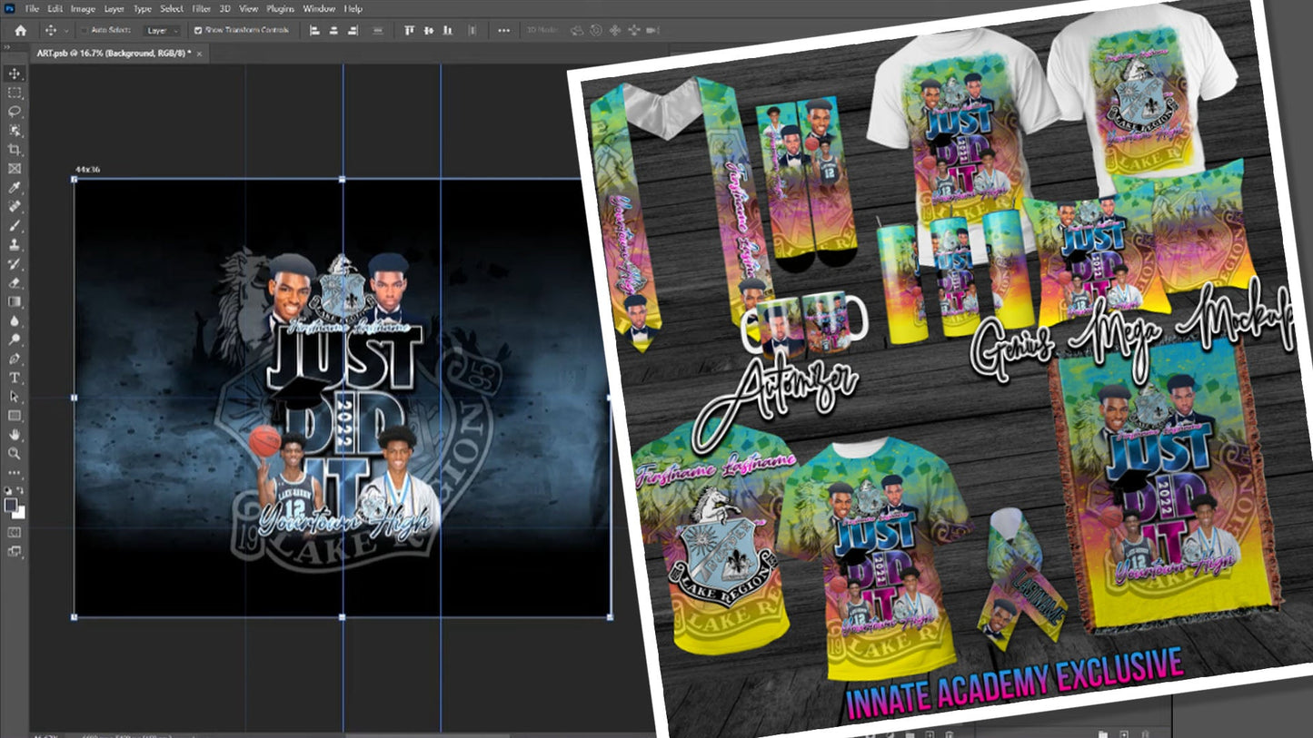PSD-172 All-Over Just Did It-Throw Caps-Grunge Graduation All-Over Sublimation Photoshop Template