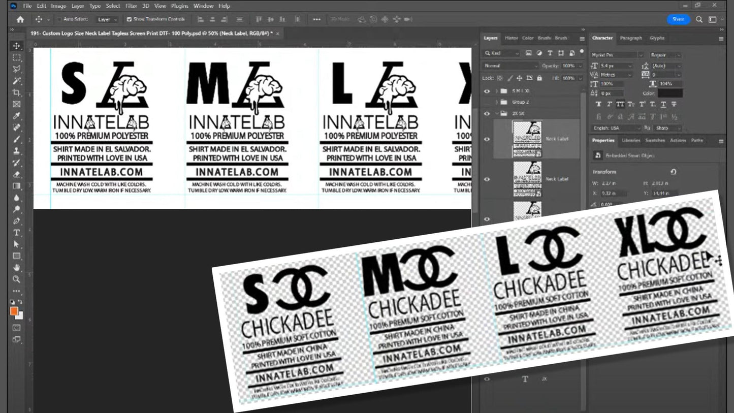 PSD-191 Custom Logo Size Neck Label Tagless Screen Print DTF- 100 Cotton All-Over Sublimation Photoshop Template