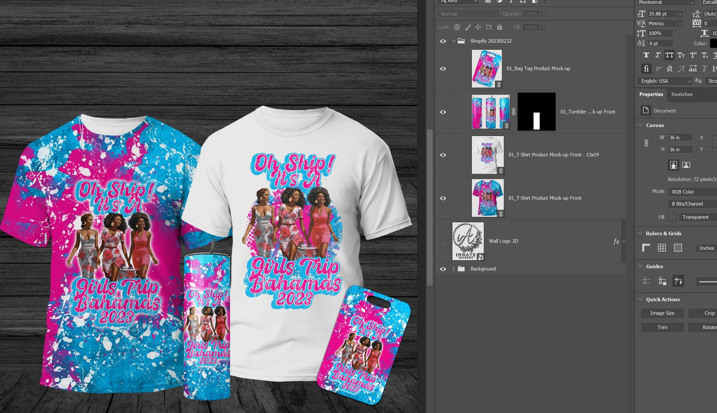 PSD-223 Shirt Tumbler Bag Tag Travel Summer All-Over Sublimation Photoshop Design Mockup Template