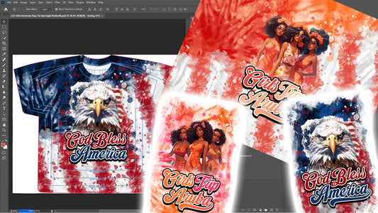 PSD-225 USA American Flag Tie Dye Eagle Girls Trip Vacation Summer Family All-Over Sublimation Photoshop Template